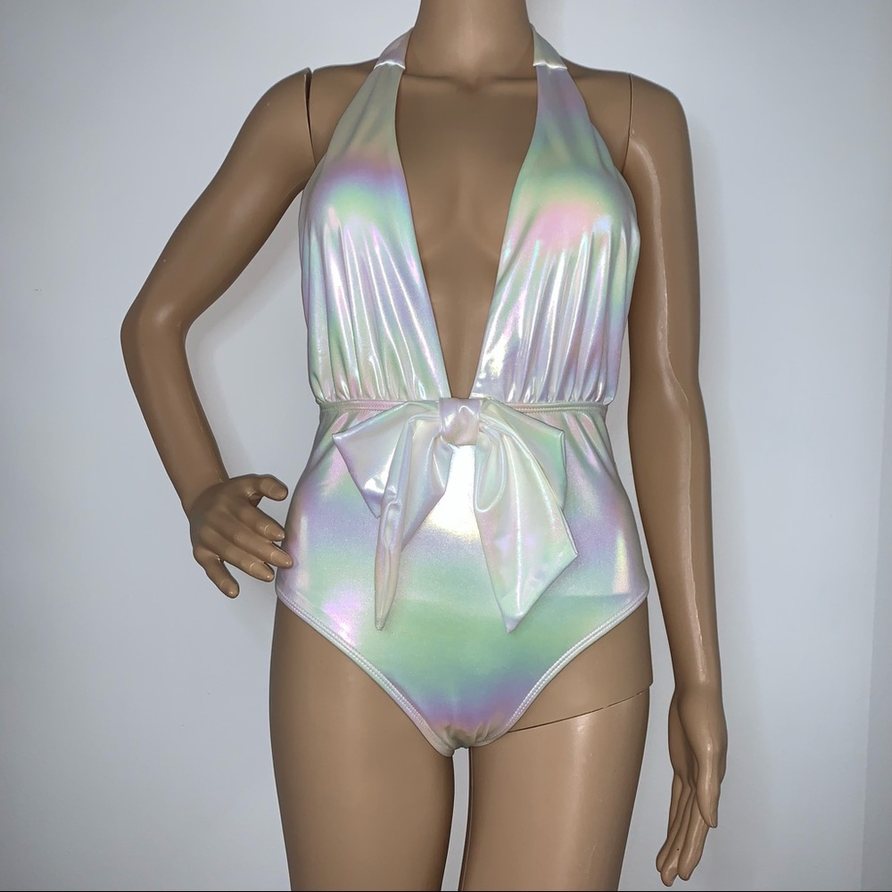Beach Joy Bikini White Metallic Plunge One Piece Swim